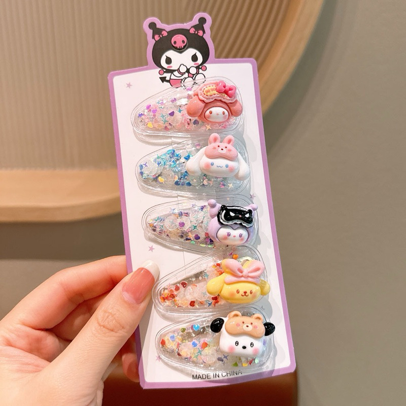 Vỉ 5 Kẹp Tóc Mái Bật Đính Kim Tuyến Lấp Lánh Charm Hoạt Hình Xinh Xắn Cho Bé Phụ Kiện Tóc Nữ Empoli