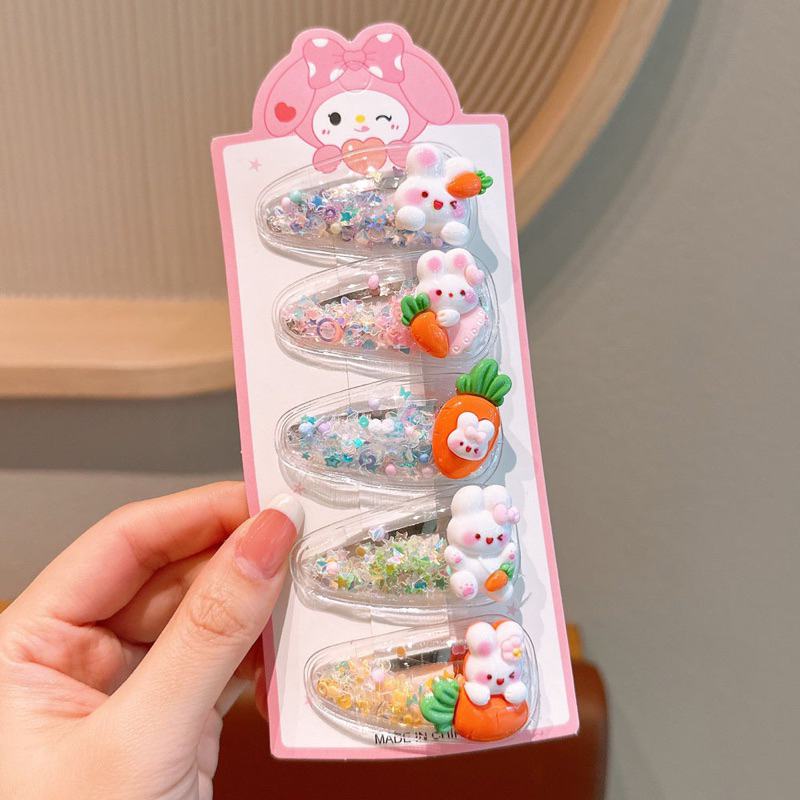 Vỉ 5 Kẹp Tóc Mái Bật Đính Kim Tuyến Lấp Lánh Charm Hoạt Hình Xinh Xắn Cho Bé Phụ Kiện Tóc Nữ Empoli