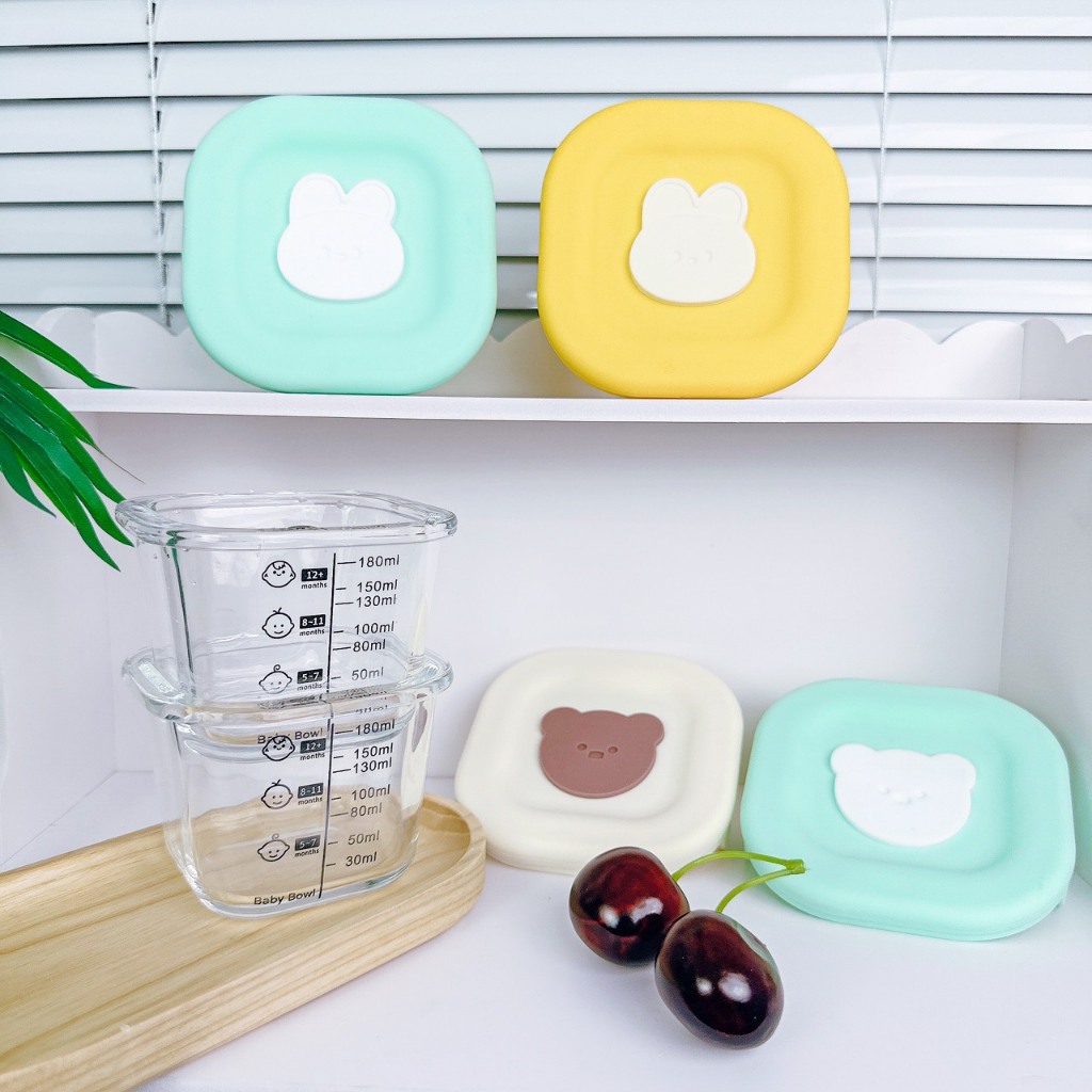 Hộp trữ đông thủy tinh ăn dặm cho bé có vạch chia 180ml nắp silicon, Hũ trữ đông đồ ăn dặm cho bé