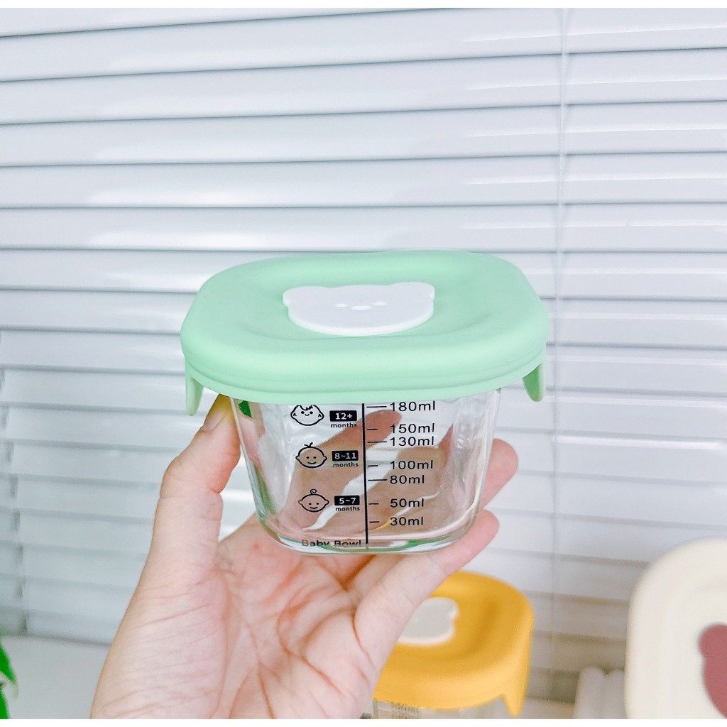 Hộp trữ đông thủy tinh ăn dặm cho bé có vạch chia 180ml nắp silicon, Hũ trữ đông đồ ăn dặm cho bé