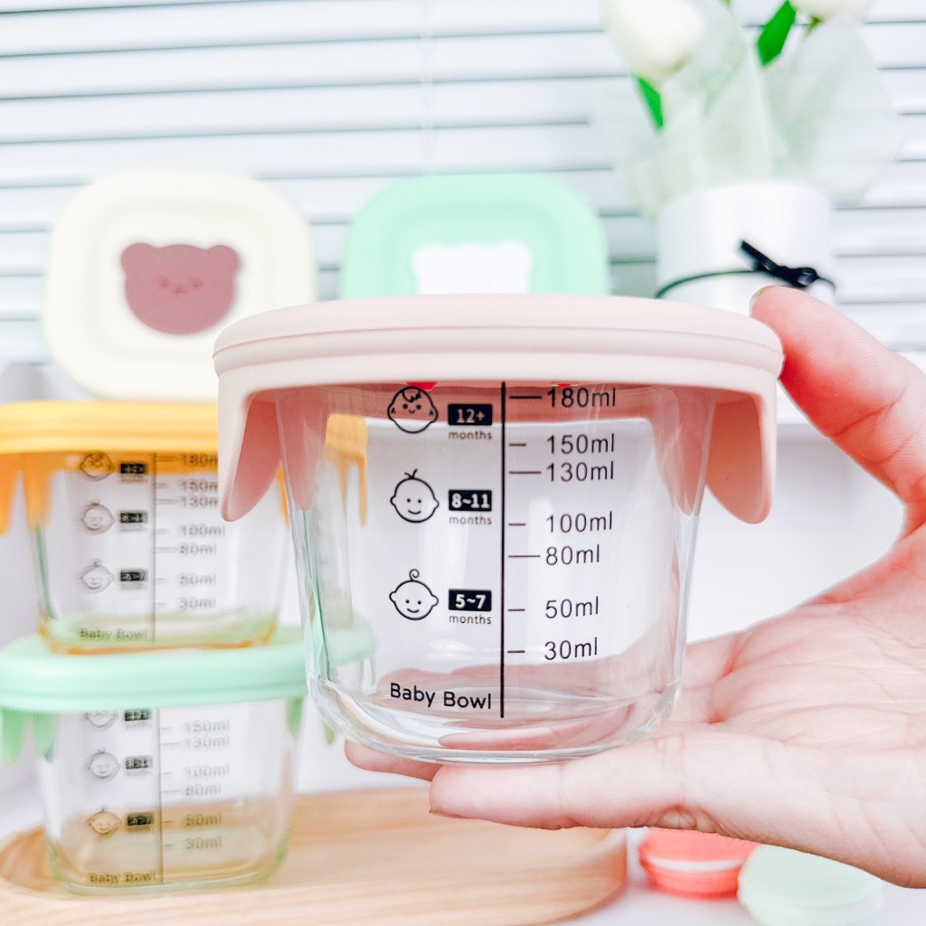 Hộp trữ đông thủy tinh ăn dặm cho bé có vạch chia 180ml nắp silicon, Hũ trữ đông đồ ăn dặm cho bé