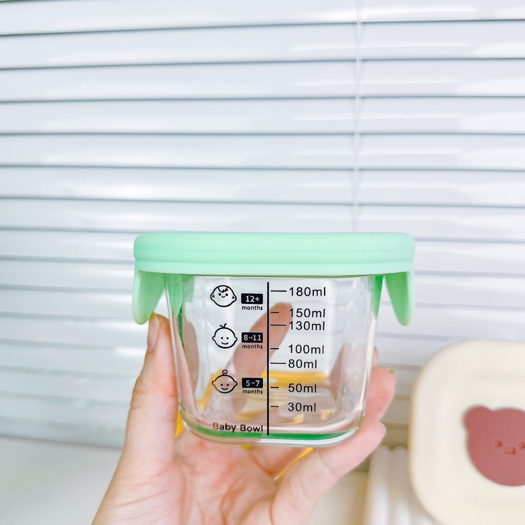 Hộp trữ đông thủy tinh ăn dặm cho bé có vạch chia 180ml nắp silicon, Hũ trữ đông đồ ăn dặm cho bé