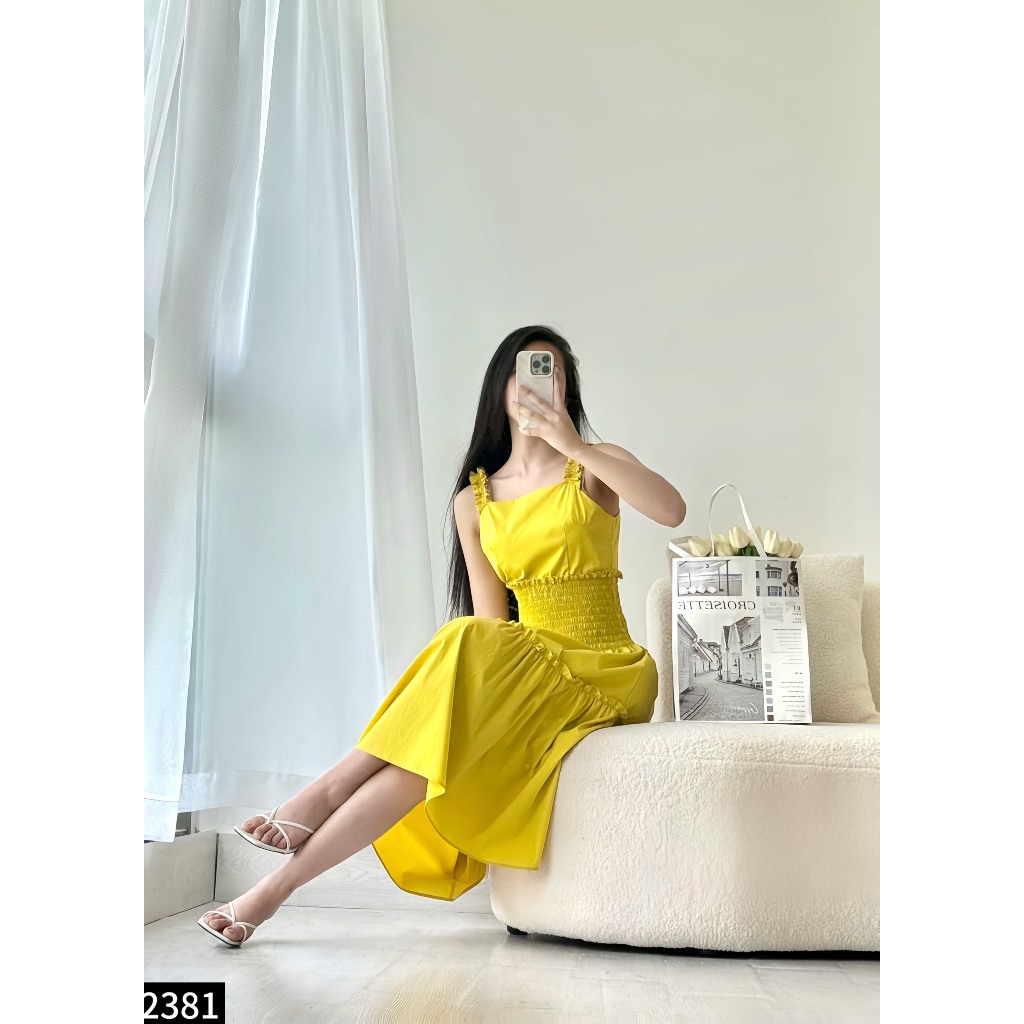 Đầm midi 2 dây chun eo phối bèo 2 màu hồng, vàng A2381