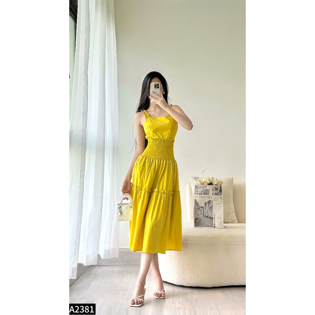 Đầm midi 2 dây chun eo phối bèo 2 màu hồng, vàng A2381