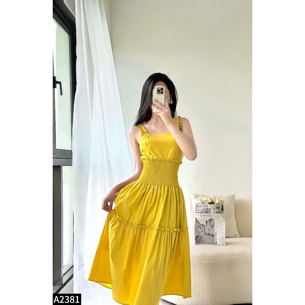 Đầm midi 2 dây chun eo phối bèo 2 màu hồng, vàng A2381