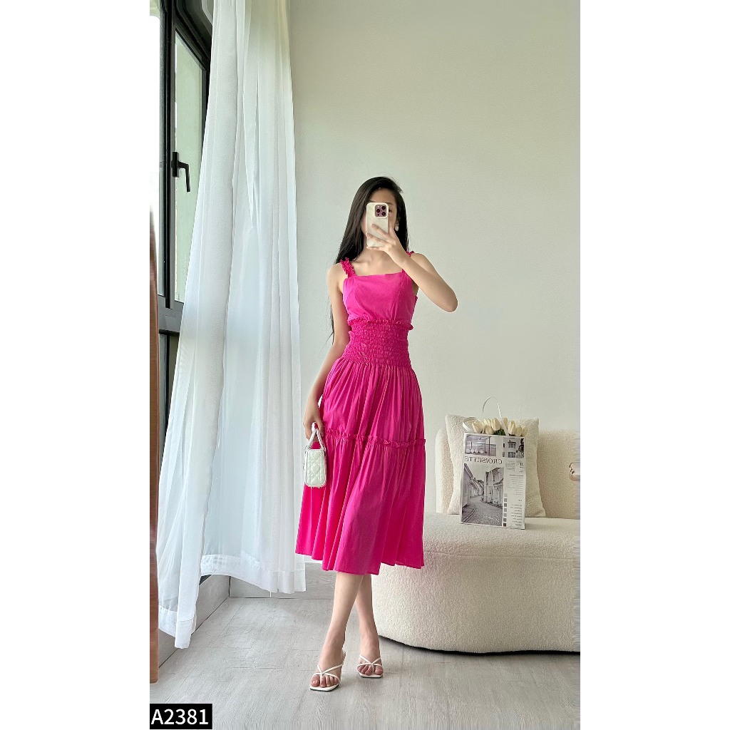 Đầm midi 2 dây chun eo phối bèo 2 màu hồng, vàng A2381