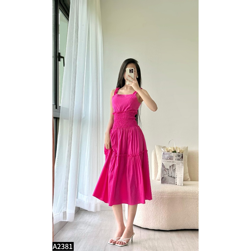 Đầm midi 2 dây chun eo phối bèo 2 màu hồng, vàng A2381
