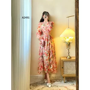 Đầm maxi voan tơ dài tay cổ V phối bèo cho các nàng dự tiệc A2491