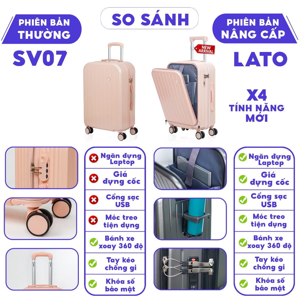 Ảnh Vali kéo du lịch thời trang SUNNY SV07/LATO nhựa PC + ABS (2 size 5 màu) 3