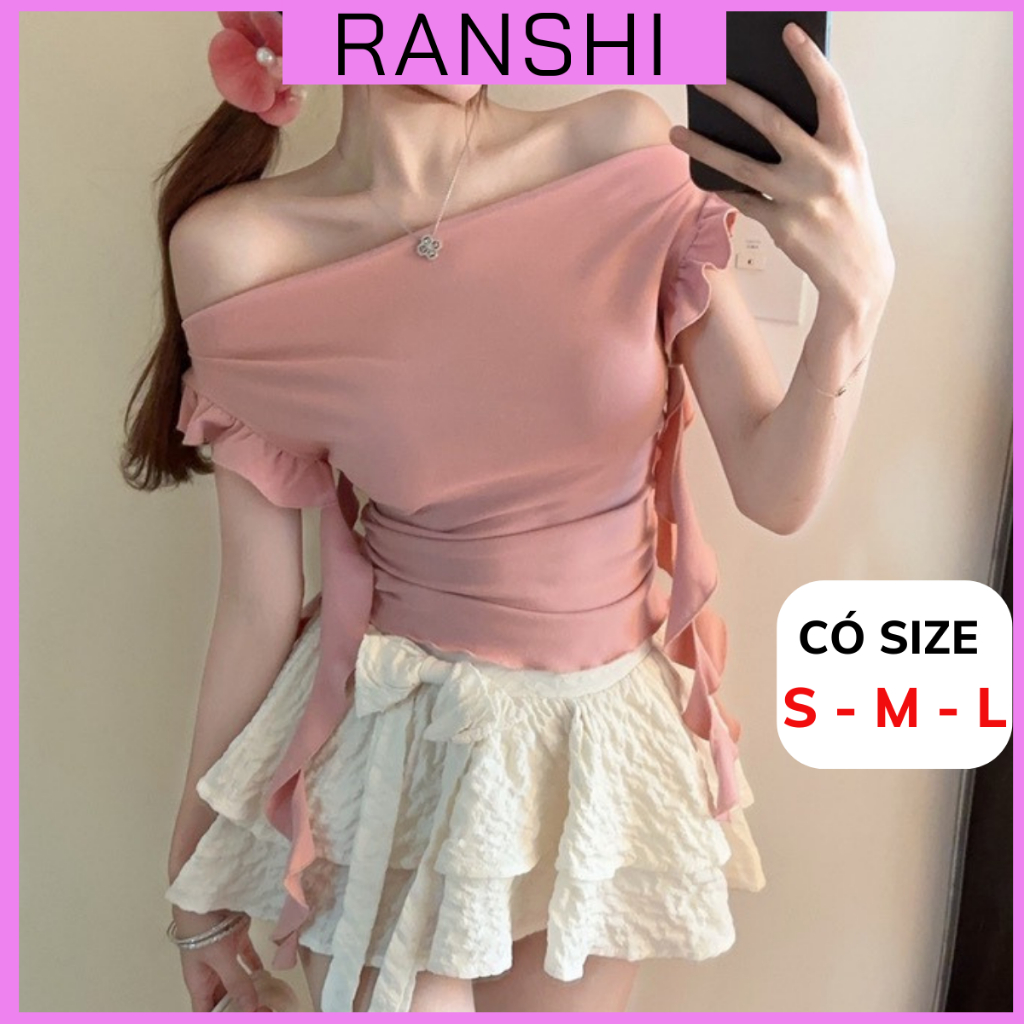 [CÓ SIZE] Áo Trễ Vai Ranshi HAI LỚP Thiết Kế Dây Tua Rua Tay Ngắn Cho Nữ Sexy Chất Thun Cotton Mịn Đẹp - RA247