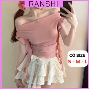 Áo Trễ Vai Ranshi HAI LỚP Thiết Kế Dây Tua Rua Tay Ngắn Cho Nữ Sexy Chất Thun Cotton Mịn Đẹp - RA247
