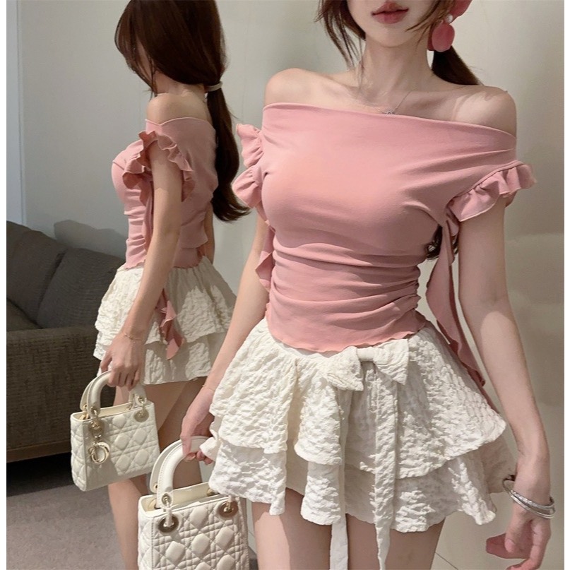 [CÓ SIZE] Áo Trễ Vai Ranshi HAI LỚP Thiết Kế Dây Tua Rua Tay Ngắn Cho Nữ Sexy Chất Thun Cotton Mịn Đẹp - RA247