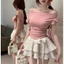Áo Trễ Vai Ranshi HAI LỚP Thiết Kế Dây Tua Rua Tay Ngắn Cho Nữ Sexy Chất Thun Cotton Mịn Đẹp - RA247