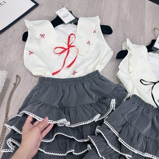 Set Bộ Đồ Nữ Áo Sát Nách Họa Tiết Nơ Phối Cổ Viền Bèo Nơ Đính Nổi Mix Chân Váy Xám Kaki Xếp Tầng Bèo Viền Ren Freesize
