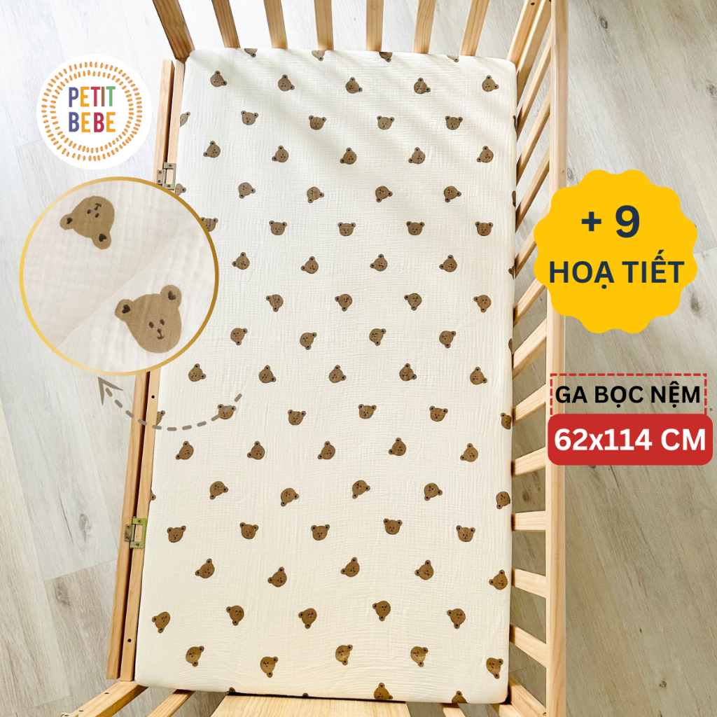Ảnh Ga bọc nệm cũi 62x114cm cho bé PETIT BEBE muslin bo chun họa tiết đa dạng 1