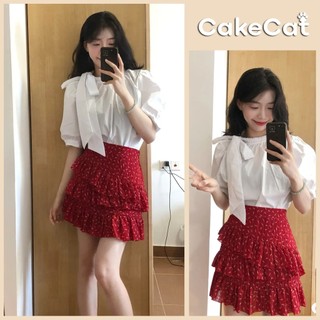 [XẢ KHO] Set Áo Sơ Mi Cổ Nơ Tay Ngắn Kèm Chân Váy Hoa Nhí Dáng Ngắn Xòe Chất Voan Hoa Mặc Đi Chơi Cakecat