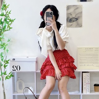 [XẢ KHO] Set Áo Sơ Mi Cổ Nơ Tay Ngắn Kèm Chân Váy Hoa Nhí Dáng Ngắn Xòe Chất Voan Hoa Mặc Đi Chơi Cakecat