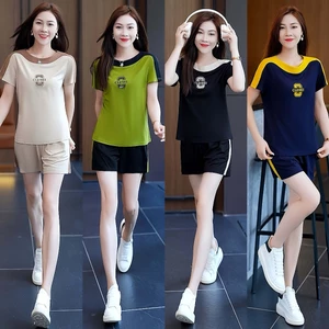 BỘ THỂ THAO NỮ CHẤT THUN ÁO PHỐI MÀU THÊU CHỮ QUẦN ĐÙI LƯNG BO CHUN, SIZE 40KG-70KG - MS A2
