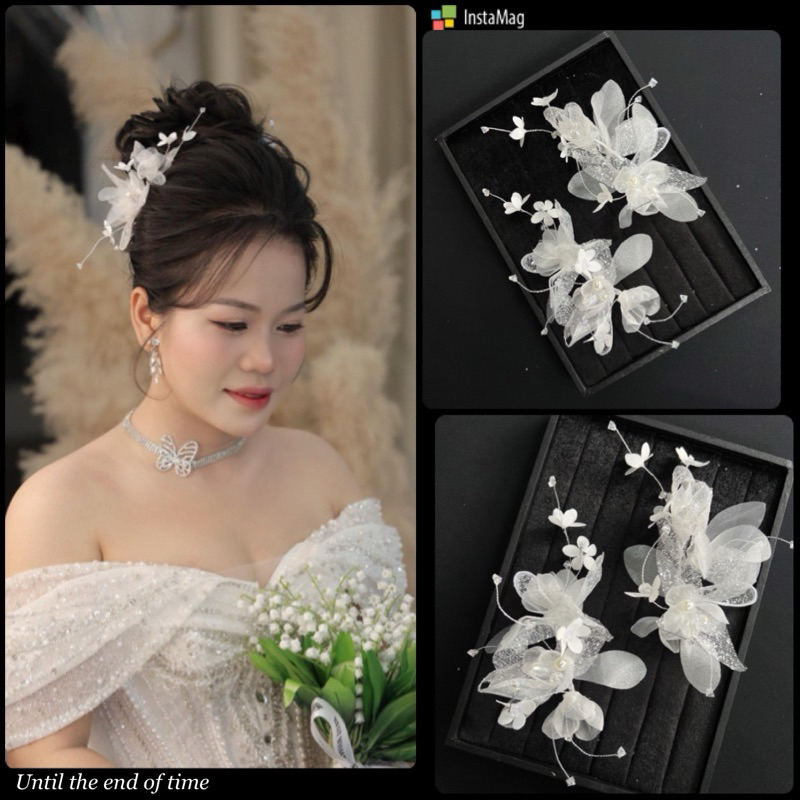 bộ cài tóc cô dâu màu trắng hoa vải(1bộ)