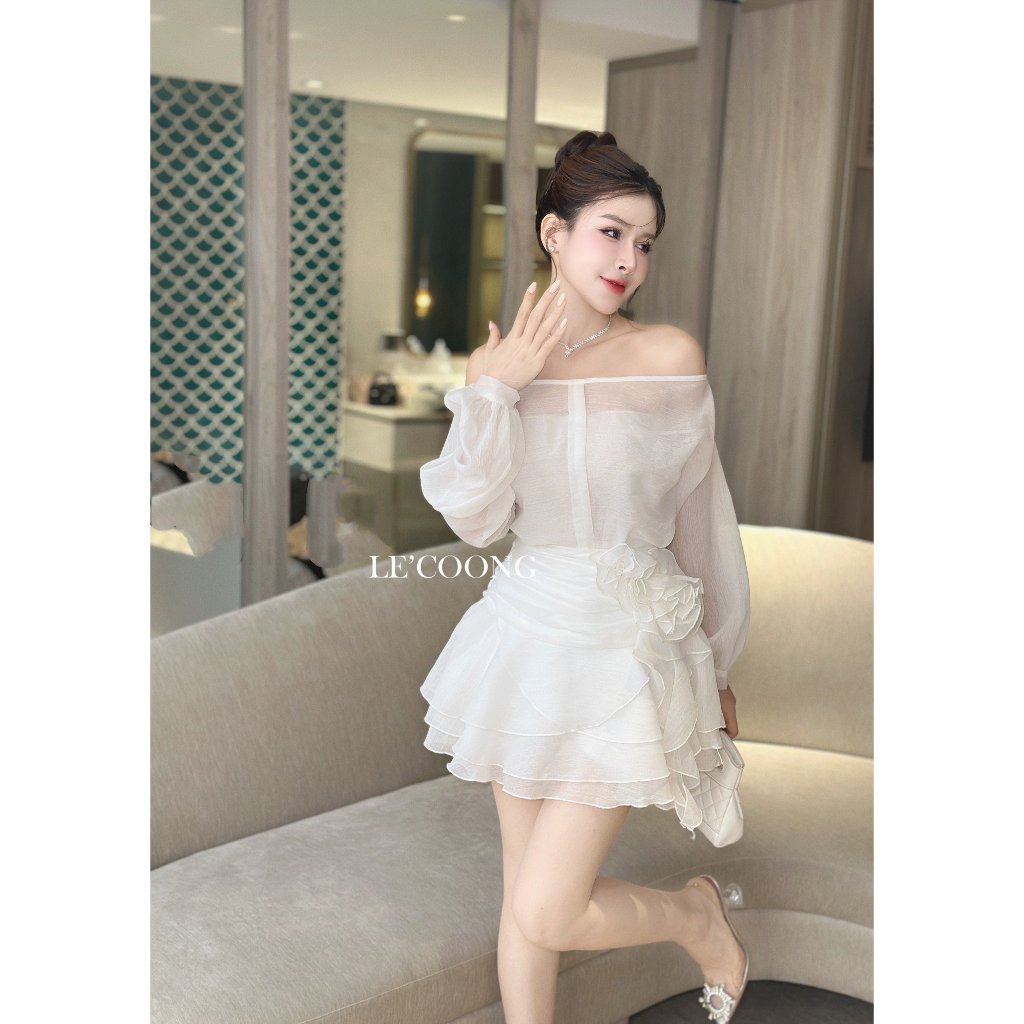 Ảnh Set Áo Và Váy Đẹp Trễ Vai Dáng Ngắn LECOONG B132 Đầm Phối Hoa Tơ Màu Trắng Đen 3