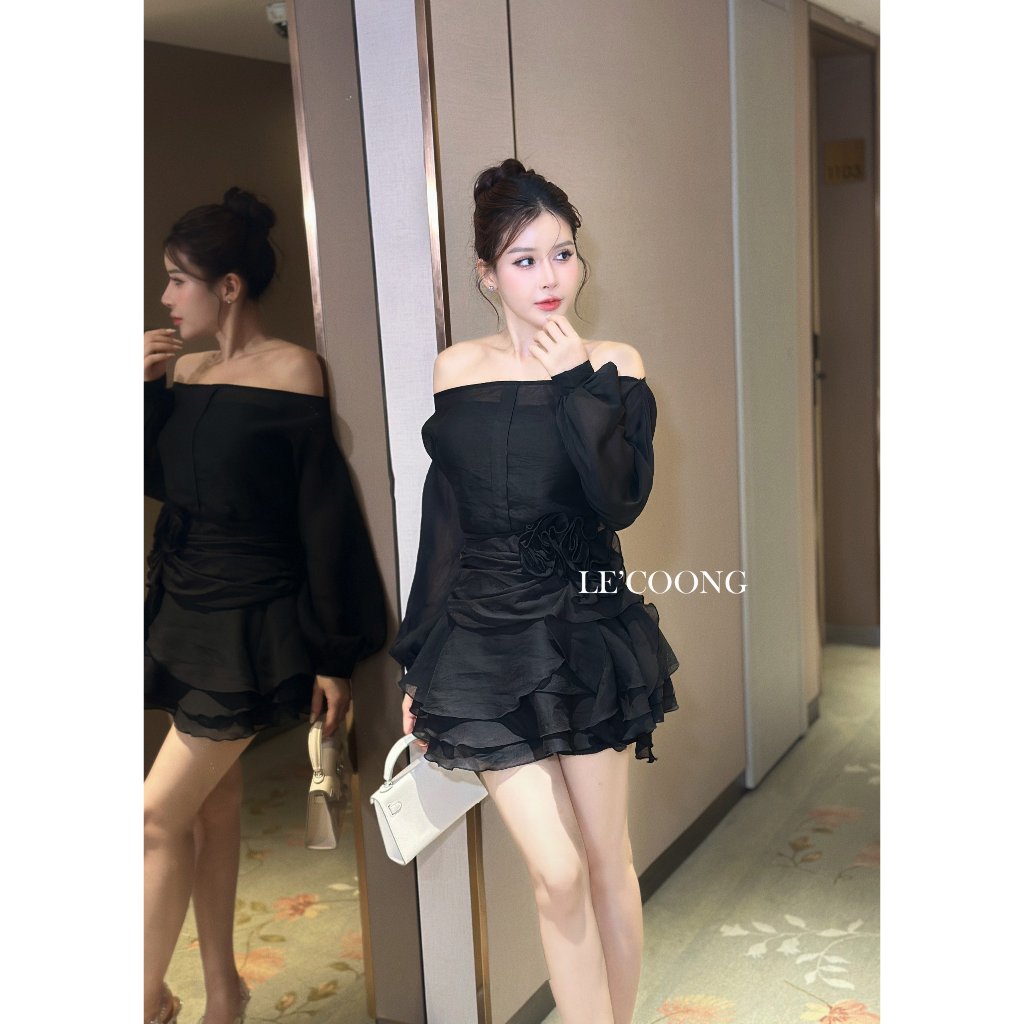 Ảnh Set Áo Và Váy Đẹp Trễ Vai Dáng Ngắn LECOONG B132 Đầm Phối Hoa Tơ Màu Trắng Đen 2