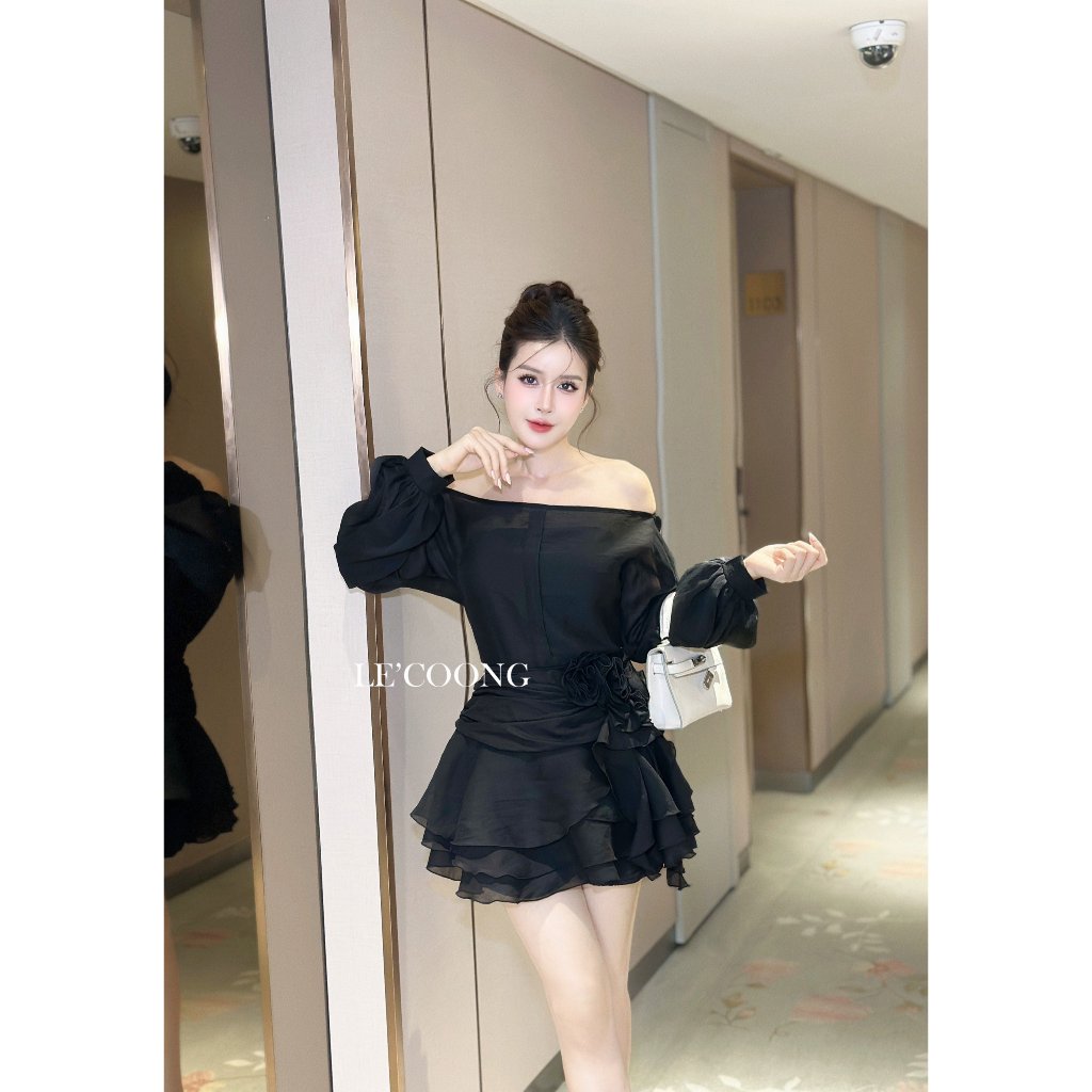 Ảnh Set Áo Và Váy Đẹp Trễ Vai Dáng Ngắn LECOONG B132 Đầm Phối Hoa Tơ Màu Trắng Đen 4