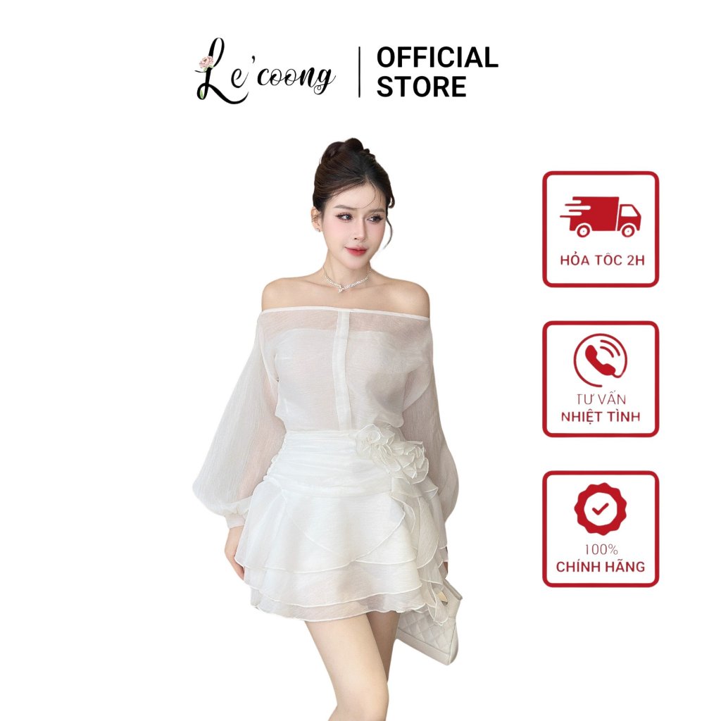 Ảnh Set Áo Và Váy Đẹp Trễ Vai Dáng Ngắn LECOONG B132 Đầm Phối Hoa Tơ Màu Trắng Đen 1