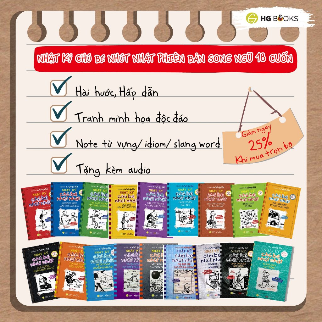 Ảnh Combo tập 1-5 Nhật Ký Chú Bé Nhút Nhát song ngữ - Diary Of a Wimpy Kid, tặng kèm file nghe HG Books 2