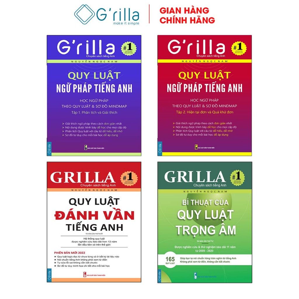 Ảnh Sách - Combo 4 Quy luật đánh vần tiếng Anh, Bí thuật trọng âm và Ngữ pháp theo quy luật 1 & 2 GRILLA 1