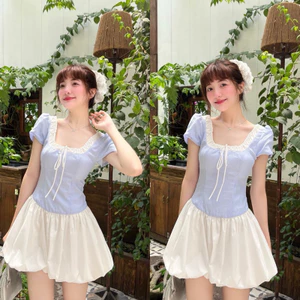 Váy Thô Kẻ Nơ Ngực Phối Thô Trắng Dáng Bom Có Lót Quần Siêu Xinh