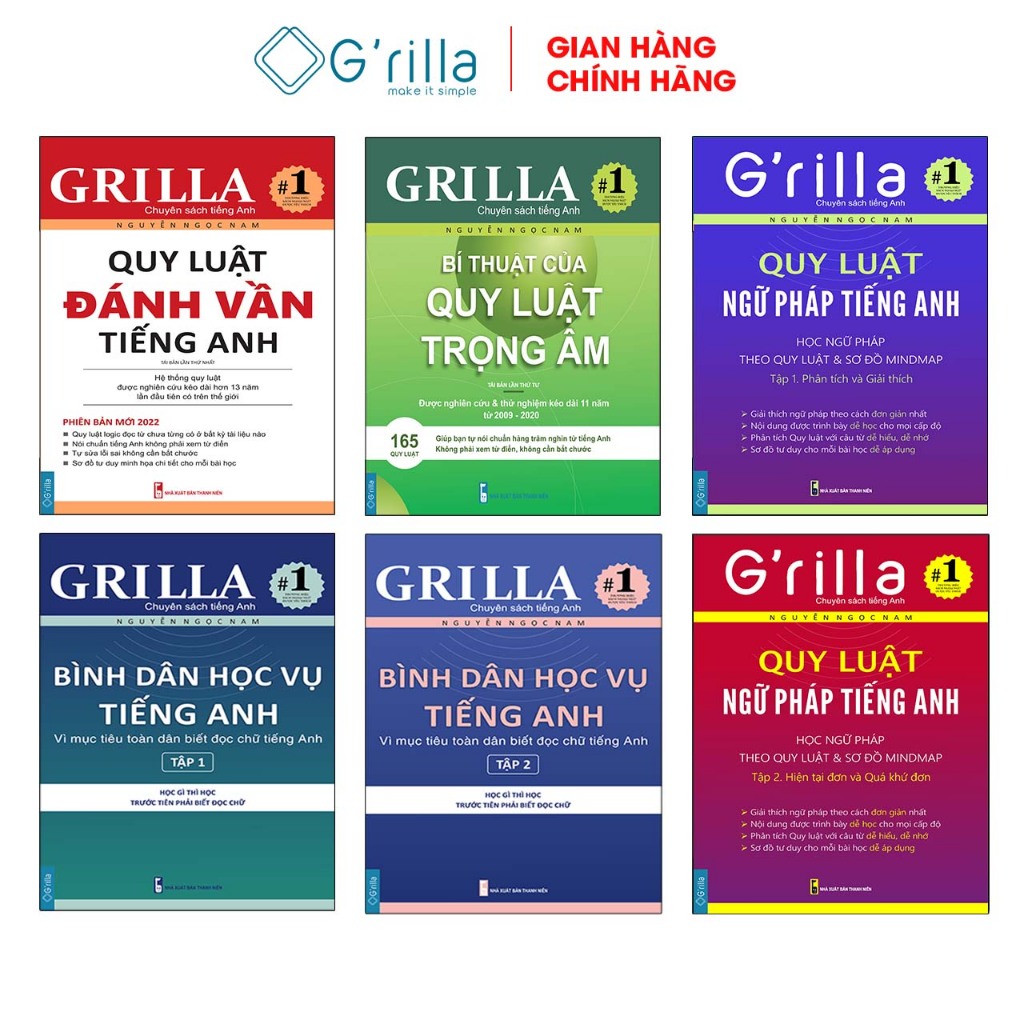 Ảnh Sách - Combo 6 Bình dân học vụ tiếng Anh, Học đánh vần và Ngữ pháp theo quy luật 1 & 2 GRILLA 1