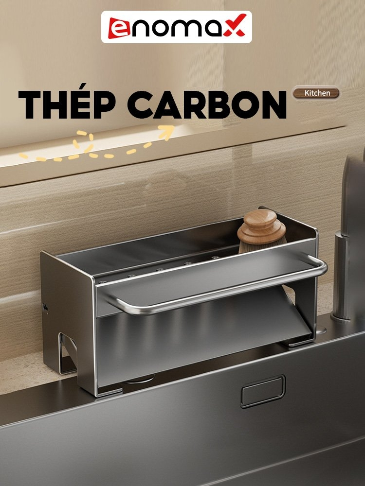 Ảnh Giá kệ để đồ rửa bát Enomax đựng miếng rửa bát kèm thanh treo khăn, chất liệu Thép Carbon. Bảo hành 10 năm (Eno 0162) 4