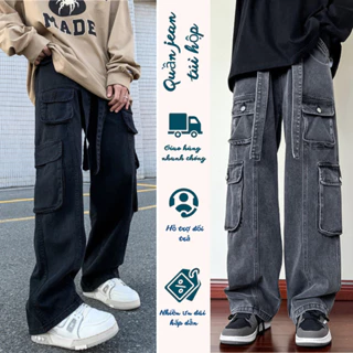 Quần jean túi hộp nam ống rộng suông chất jean kaki mềm unisex nhiều túi FABUMAN hiphop style boy phố