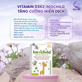 Vitamin D3K2 Imochild Bổ Sung D3K2MK7 Và Cải Thiện Trí Não Cho Bé Sơ Sinh Nhập Khẩu Châu Âu Lọ 20ML