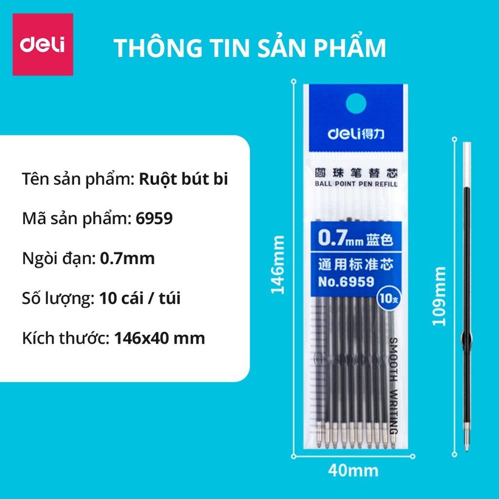 Set 20 Ruột Bút Bi Deli Ngòi 0.7mm Mực Xanh Thay Nhiều Loại Bút Viết Trơn Tru Dành Cho Học Sinh Văn Phòng
