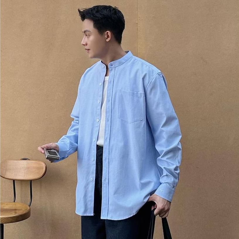 Áo Sơ Mi Nam Cổ Tàu Oxford Tay Dài Nam Nữ Hàn Quốc Cổ Trụ Form Rộng Màu Trắng HALLEY A12