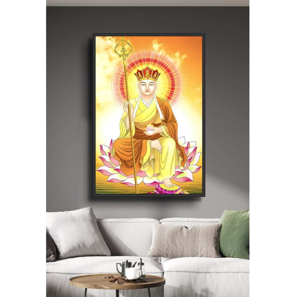 Tranh Gỗ Địa Tạng Vương Bồ Tát  Tráng Gương Có Khung - Tranh Treo Tường - Phòng Thờ - Phòng Khách Decor Nhà