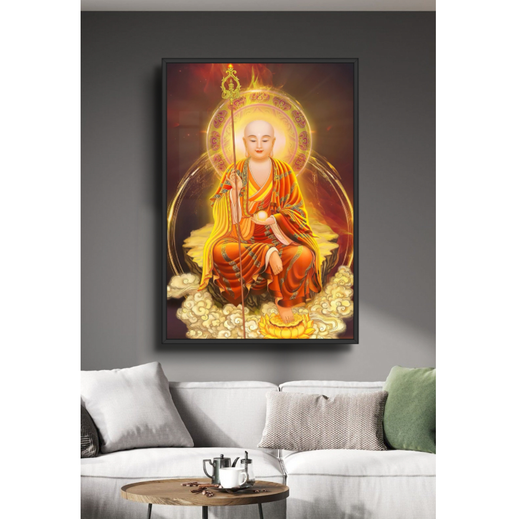 Tranh Gỗ Địa Tạng Vương Bồ Tát  Tráng Gương Có Khung - Tranh Treo Tường - Phòng Thờ - Phòng Khách Decor Nhà