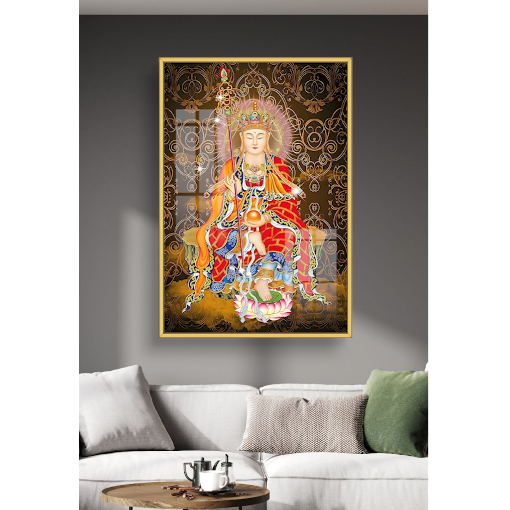 Tranh Gỗ Địa Tạng Vương Bồ Tát  Tráng Gương Có Khung - Tranh Treo Tường - Phòng Thờ - Phòng Khách Decor Nhà