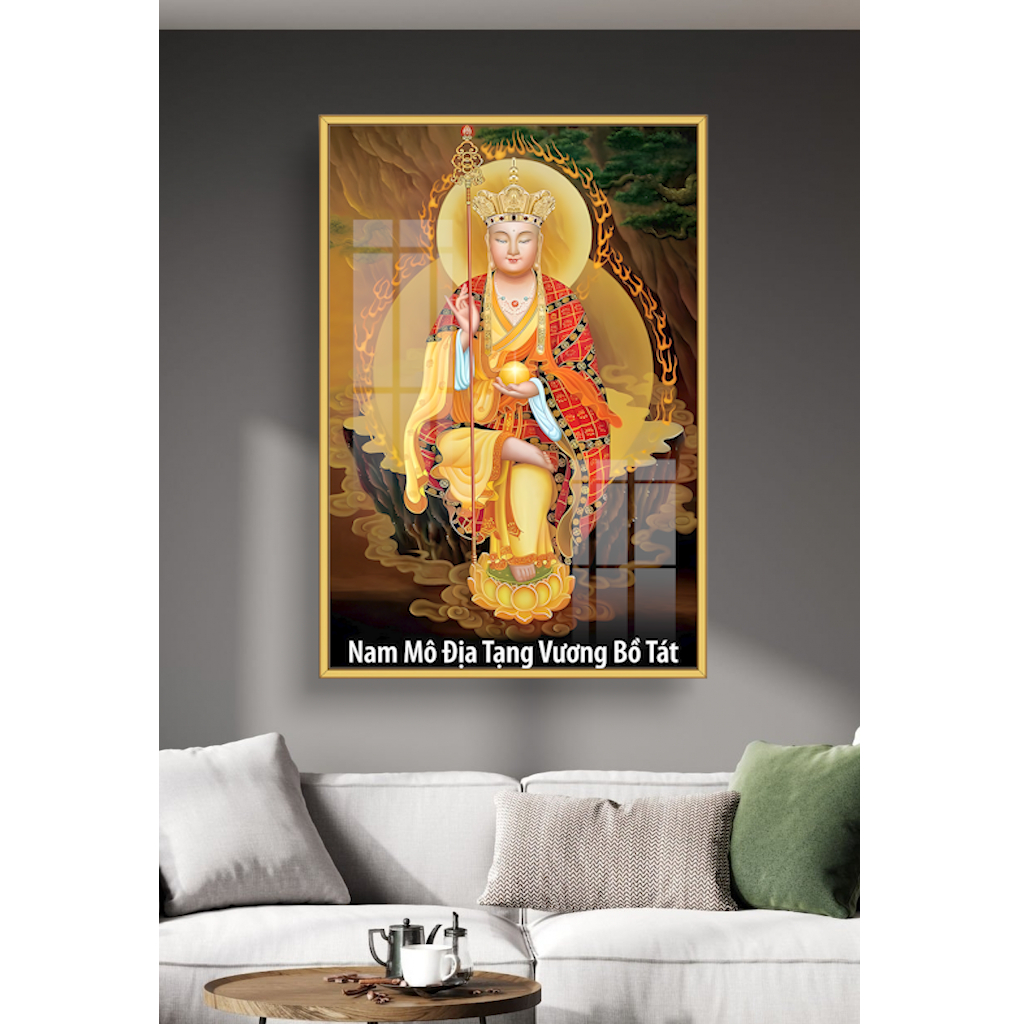 Tranh Gỗ Địa Tạng Vương Bồ Tát  Tráng Gương Có Khung - Tranh Treo Tường - Phòng Thờ - Phòng Khách Decor Nhà