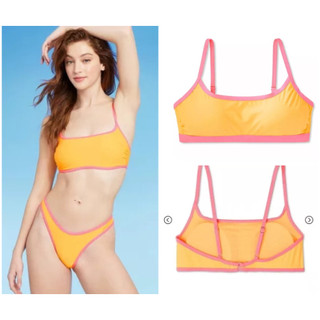 Bikini 2 mảnh, đồ bơi nữ màu cam phối viền nổi bật, vải co giãn sẵn đệm ngực, khuy cài sau hàng VNXK