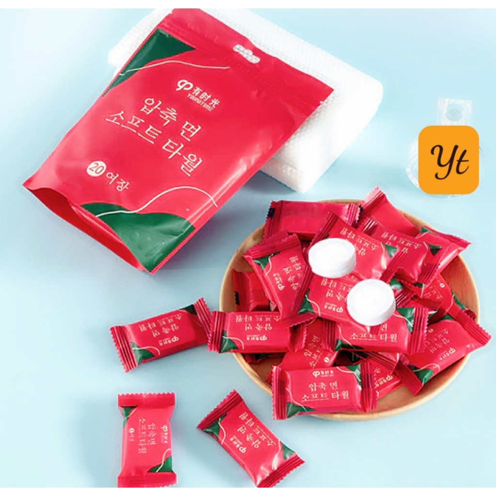 Túi 20 Khăn Giấy Nén,Dạng Viên Kẹo,dùng một lần để rửa mặt nhẹ nhàng và không gây khó chịu tiện lợi