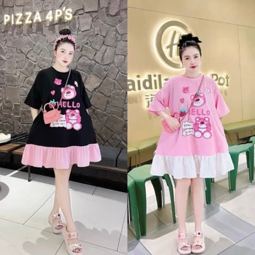 Váy babydoll gấu hồng - Đầm babydoll dáng ngắn in hoạ tiết gấu phối chân xoè dáng rộng tiểu thư phong cách hàn quốc