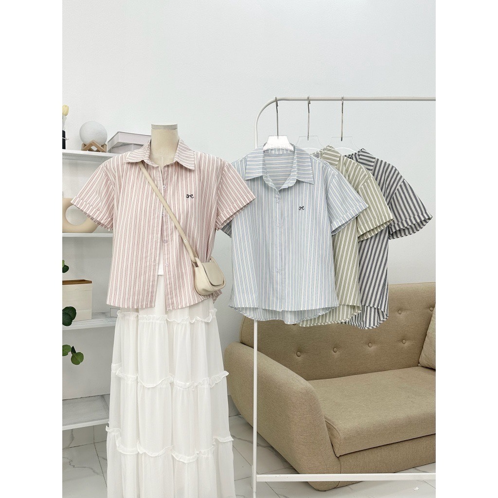 Áo Sơ Mi Kẻ Nữ Ngắn Tay Thêu Nơ Dáng Vừa Trẻ Trung Chất Liệu Thô Kẻ Mềm Mát -Huyenstore.23 (A142)