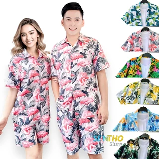 Áo và quần nam nữ đi biển sentho hơn 10 mẫu khác nhau hình họa tiết sinh động hoa lá quả và cây dừa