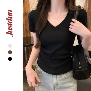 Áo thun cổ tim cotton mềm mịn ôm body Justdun C29