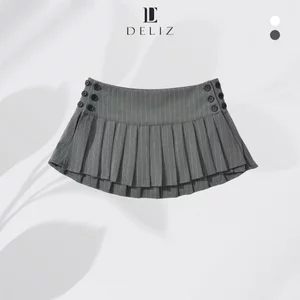 Chân váy ngắn xếp ly nhỏ phối khuy cho nữ kẻ sọc cá tính chất dày dặn có lót cạp trễ trendy hàng thiết kế CV28
