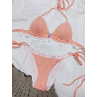 Set đồ bikini đi biển phối bèo thô boi hoạ tiết trơn pastel - Handmade by Mimi house