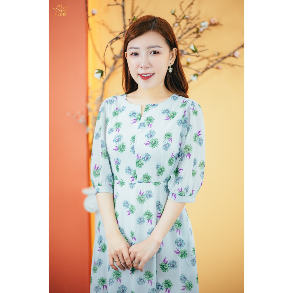 Ảnh Đầm xòe trung niên Cổ tròn khoét V tay lỡ màu Xanh hoa TTV Store thời trang nữ TTV1632 1
