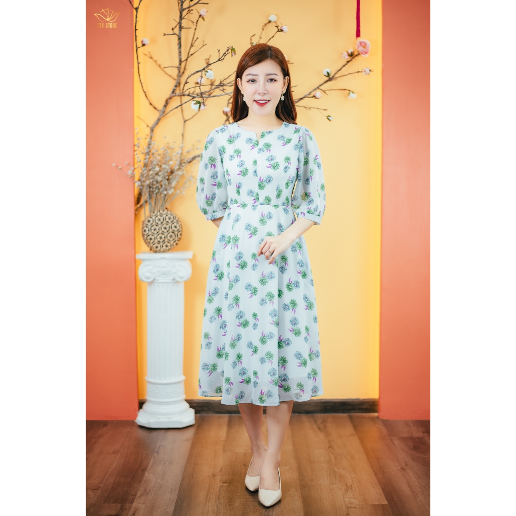 Ảnh Đầm xòe trung niên Cổ tròn khoét V tay lỡ màu Xanh hoa TTV Store thời trang nữ TTV1632 3